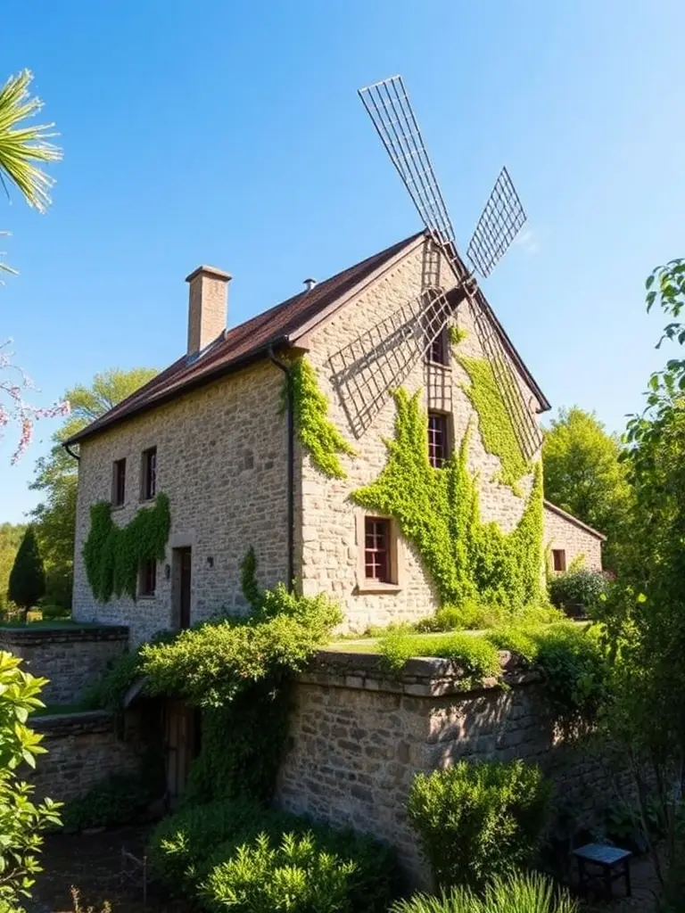 A photograph of the exterior of Moulin Celoux, emphasizing its architectural beauty and historical significance, set against a picturesque landscape.