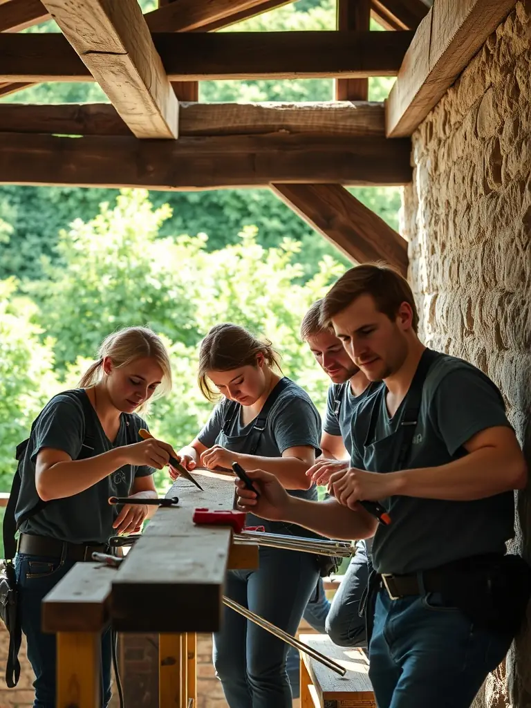 A picture of volunteers working on the restoration of Moulin Celoux, highlighting the community's involvement in preserving the mill's heritage.