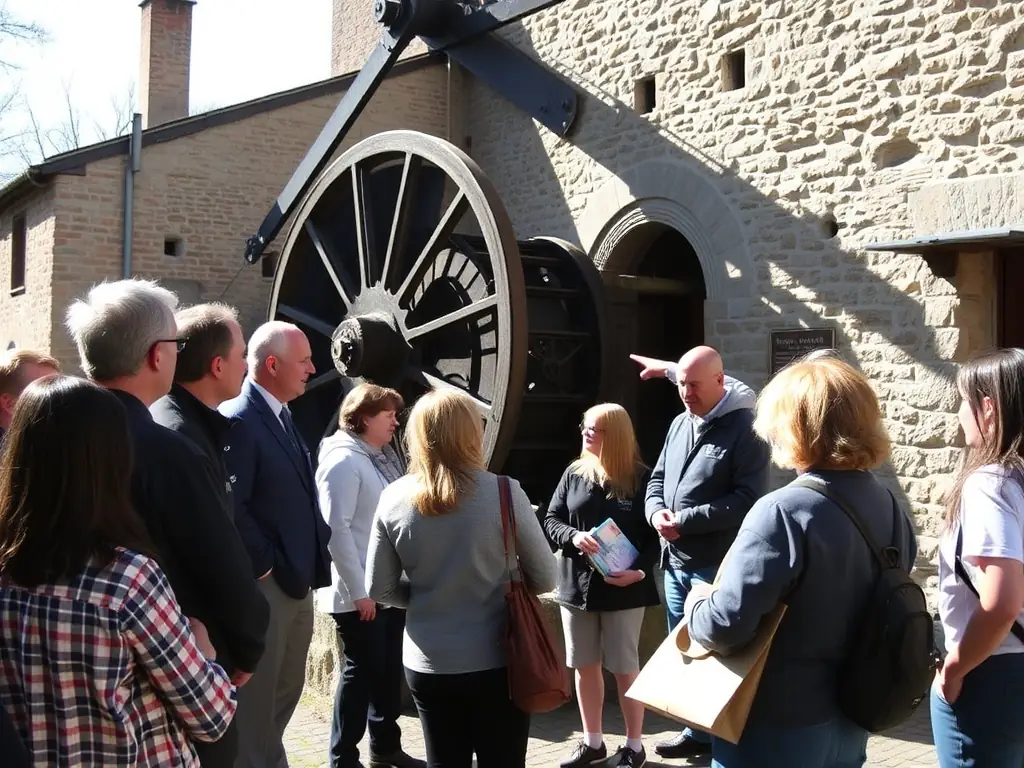 A group of visitors attentively listening to a guide during a tour of the Moulin Celoux, with the historic mill machinery in the background.