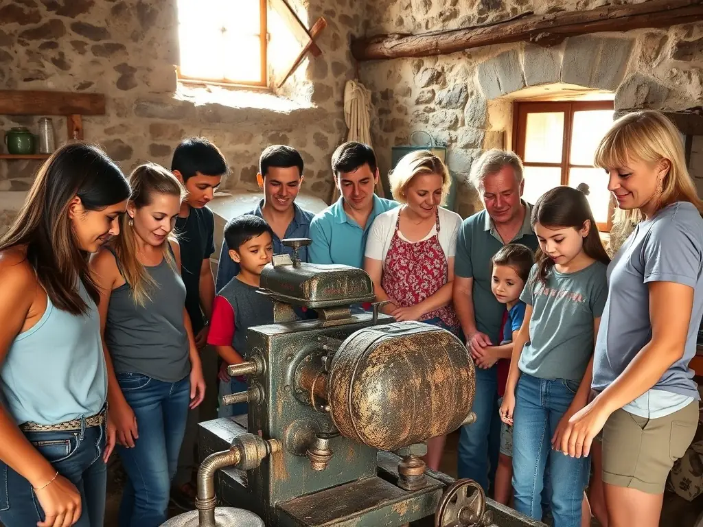 A photograph capturing participants actively engaged in a traditional milling workshop at the Moulin Celoux, showcasing hands-on learning.