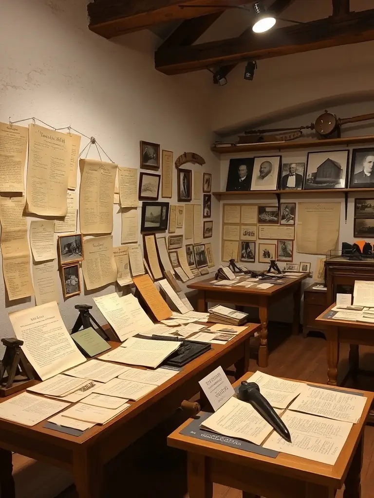 A photograph showcasing a collection of historical documents and artifacts related to the Moulin Celoux, displayed in a museum-like setting, emphasizing the mill's rich history.