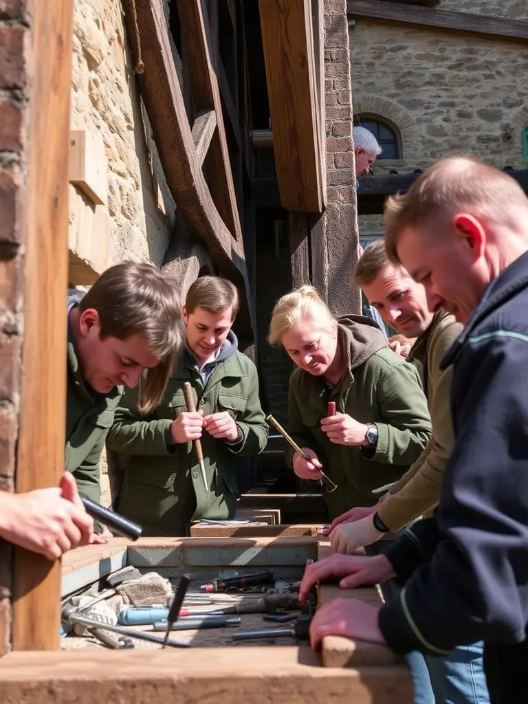 A photograph of a group of volunteers working on the restoration of a section of the Moulin Celoux, with tools and materials visible.