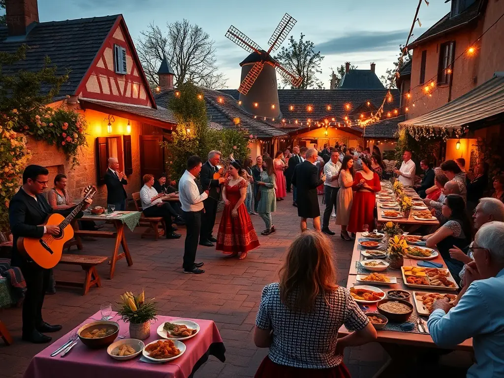 A vibrant scene from a cultural event held at Moulin Celoux, featuring music, dance, and local cuisine.