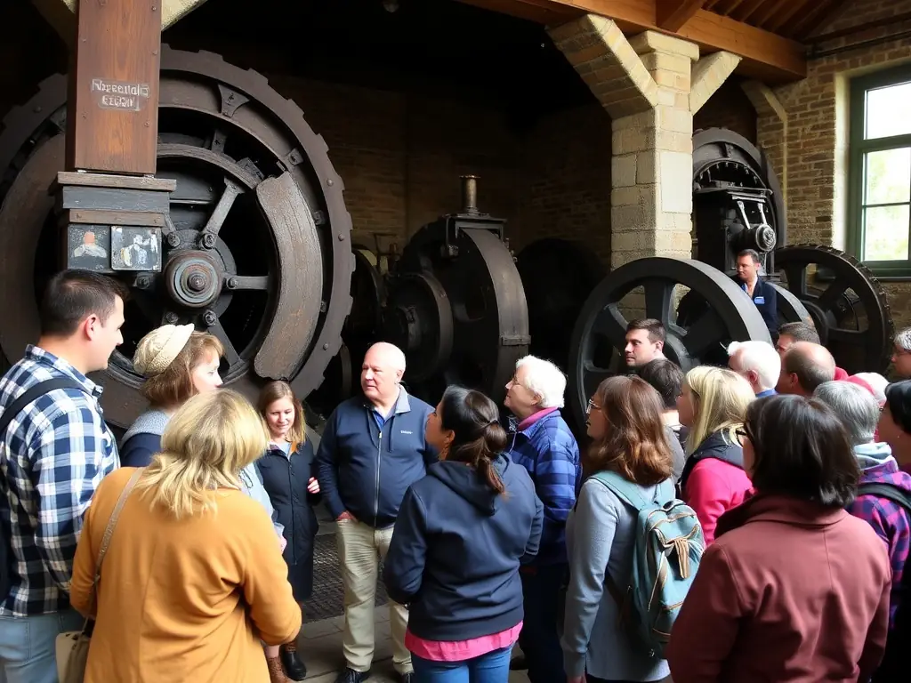 A group of visitors attentively listening to a guide during a tour of the Moulin Celoux, showcasing the historical milling machinery.