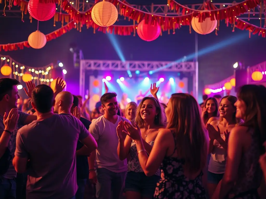 A vibrant scene from a cultural event held at the Moulin Celoux, featuring music, dance, and local crafts, highlighting the mill's role as a community hub.
