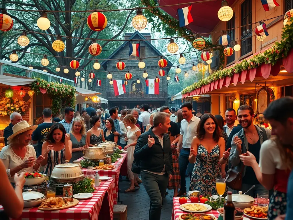 A vibrant scene from a cultural event held at the Moulin Celoux, featuring music, dance, and local cuisine, highlighting community engagement.