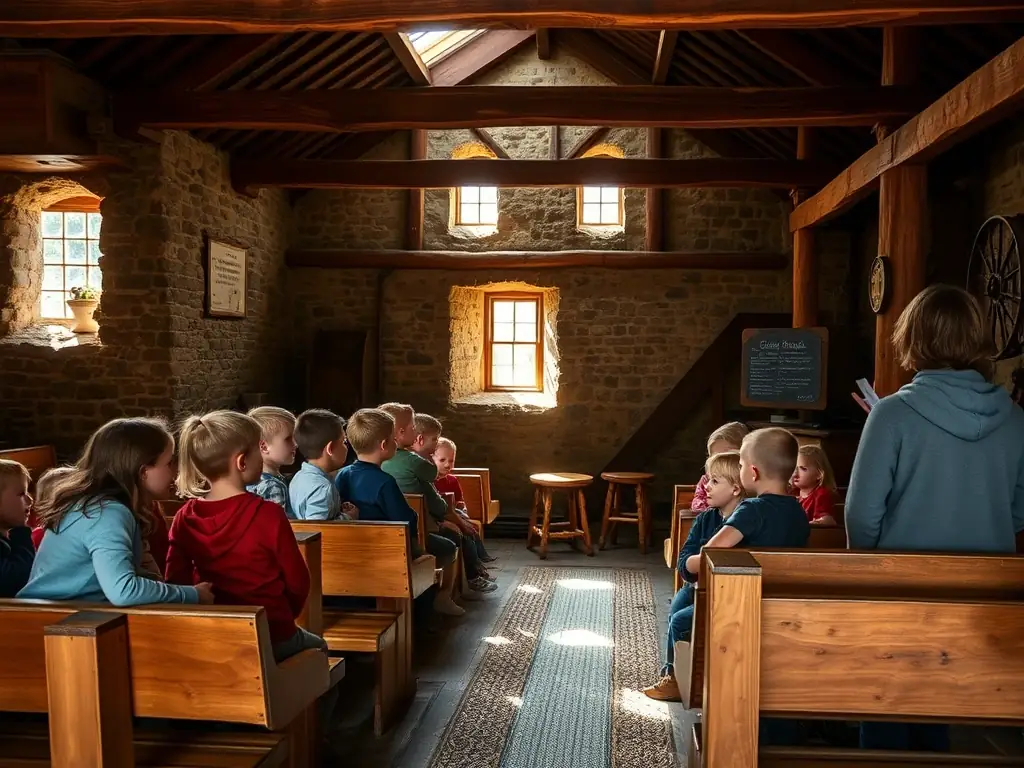 A group of visitors attentively listening to a guide during a tour inside the Moulin Celoux, showcasing the historical milling machinery.