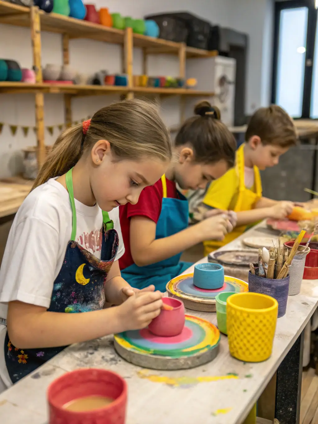 A photograph of children participating in a pottery workshop at Moulin Celoux, with clay and tools visible on the tables.
