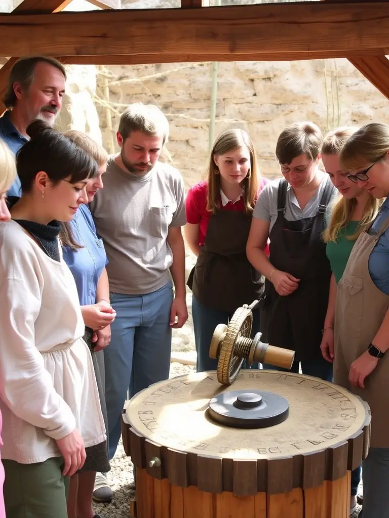 A photograph capturing a group of visitors actively participating in a traditional milling workshop at Moulin Celoux, showcasing hands-on learning and engagement with the mill's heritage.