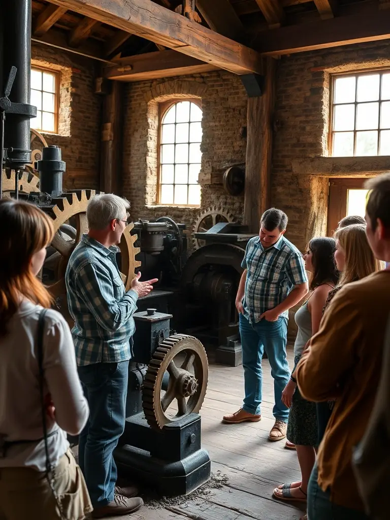 A photograph of a guided tour group inside the Moulin Celoux, showcasing the historical milling machinery and the guide explaining its function.