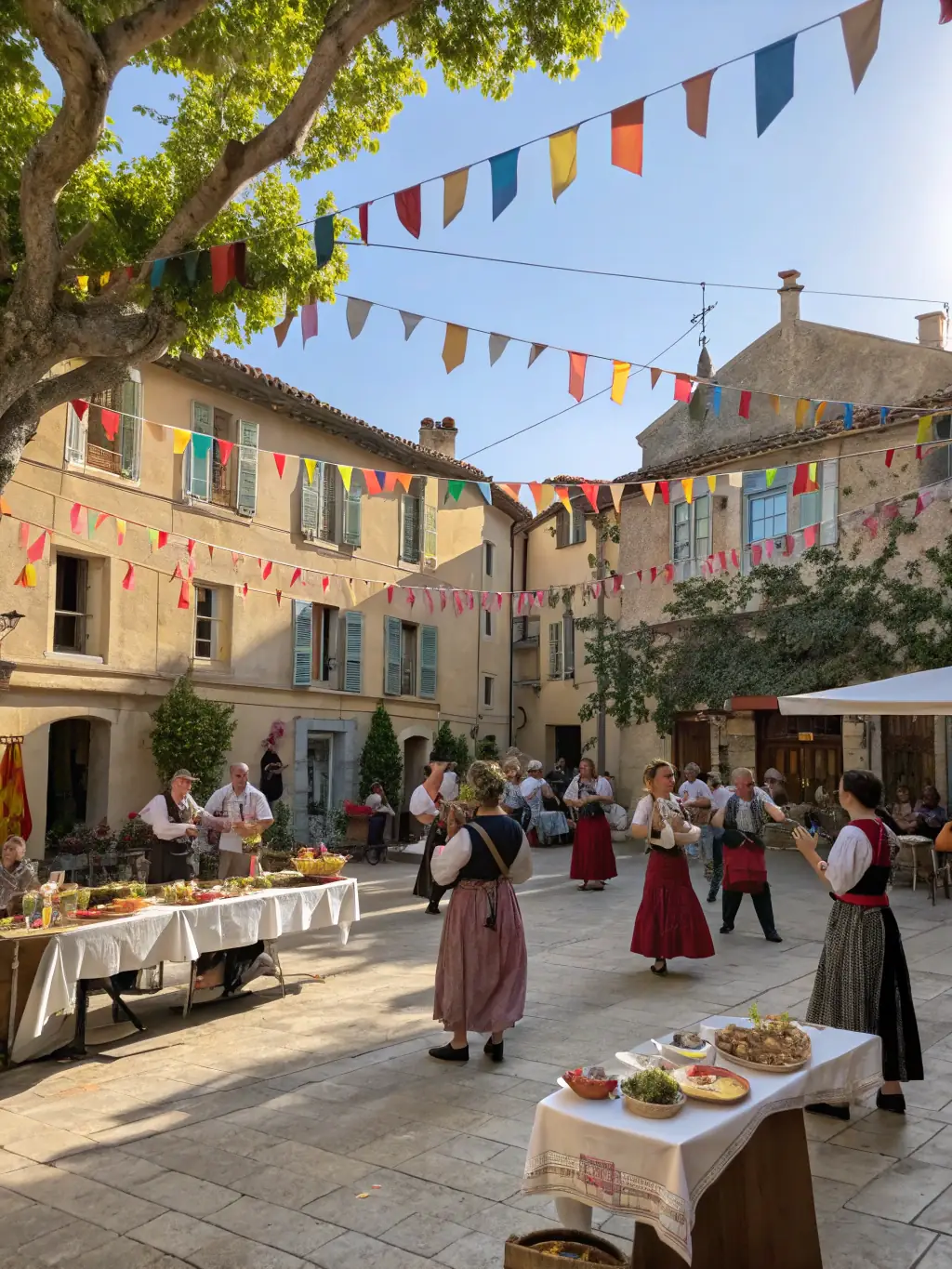 A photo of a cultural event at Moulin Celoux, featuring local musicians and artisans showcasing their talents in a festive atmosphere.