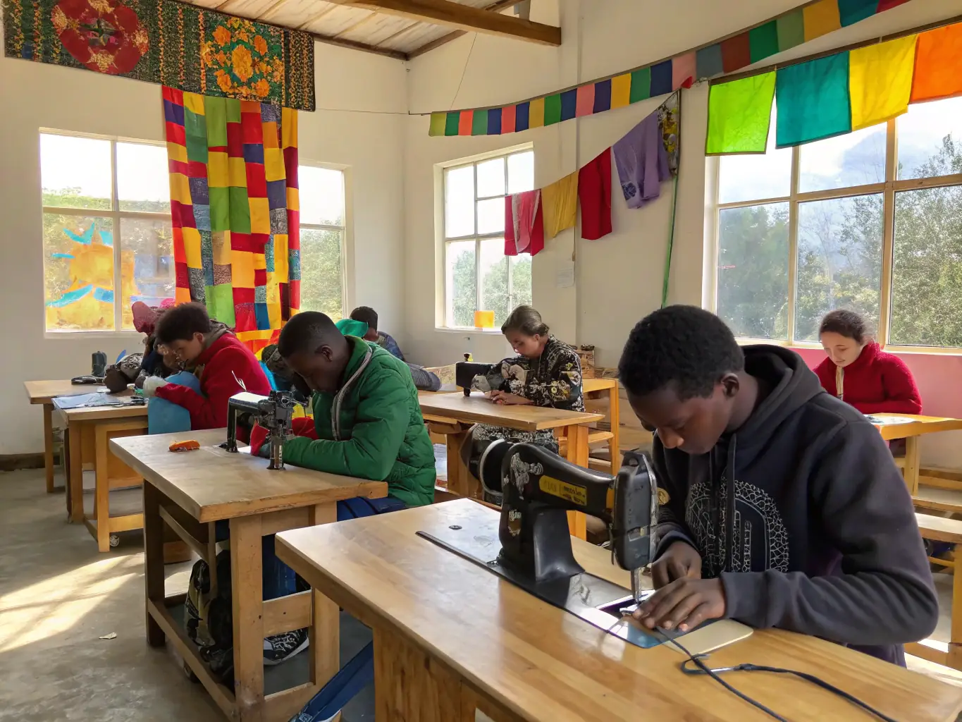 A photograph capturing participants actively engaged in a traditional craft workshop at the Moulin Celoux, focusing on hands-on learning.